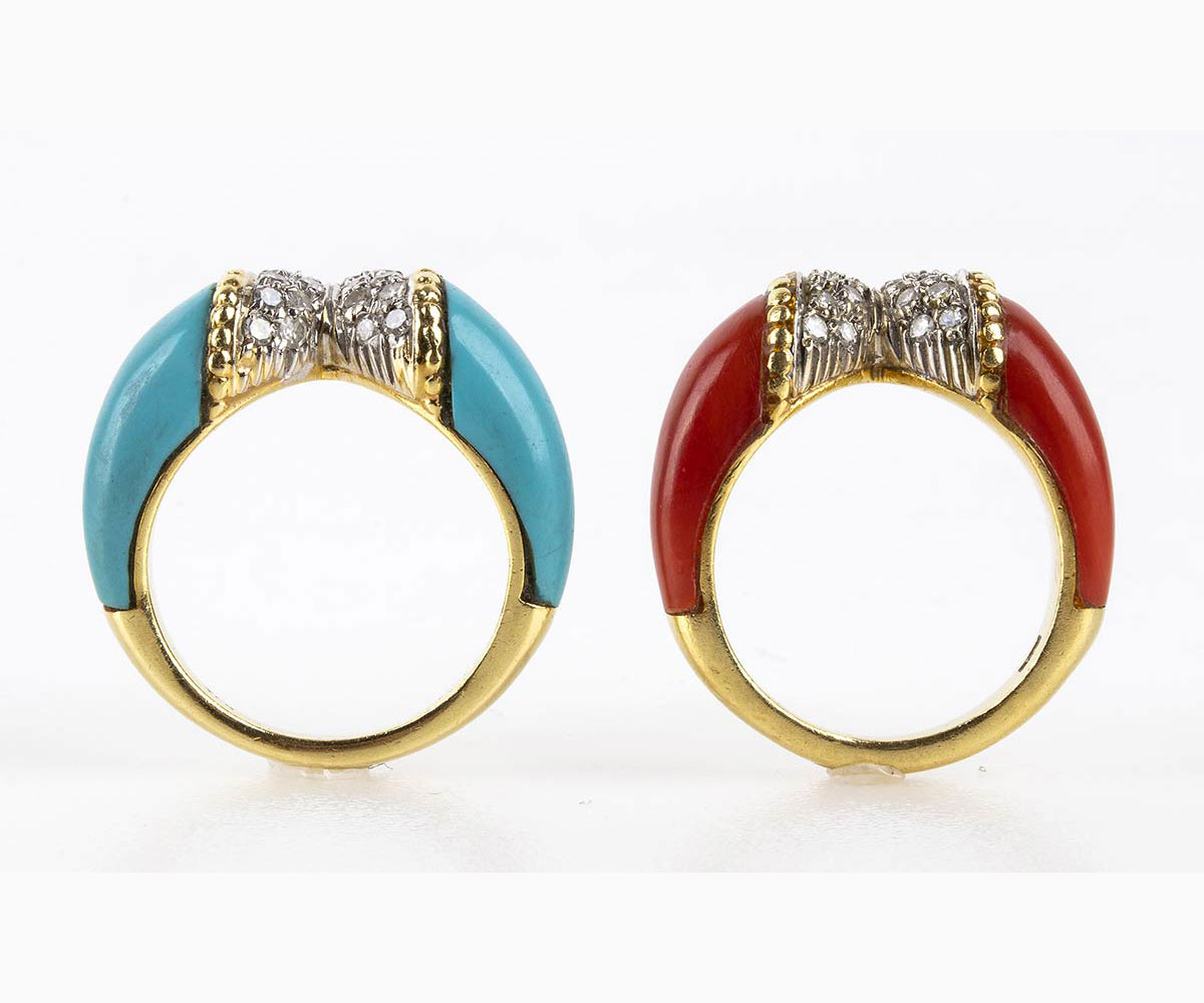 Pair of diamond, Mediterranean coral and turquoise rings - Image 3 of 4