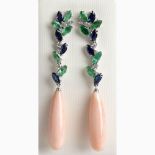 Diamond, sapphire, emerald and Angel skin coral earrings - Manifacture Guarracino, Torre del Greco