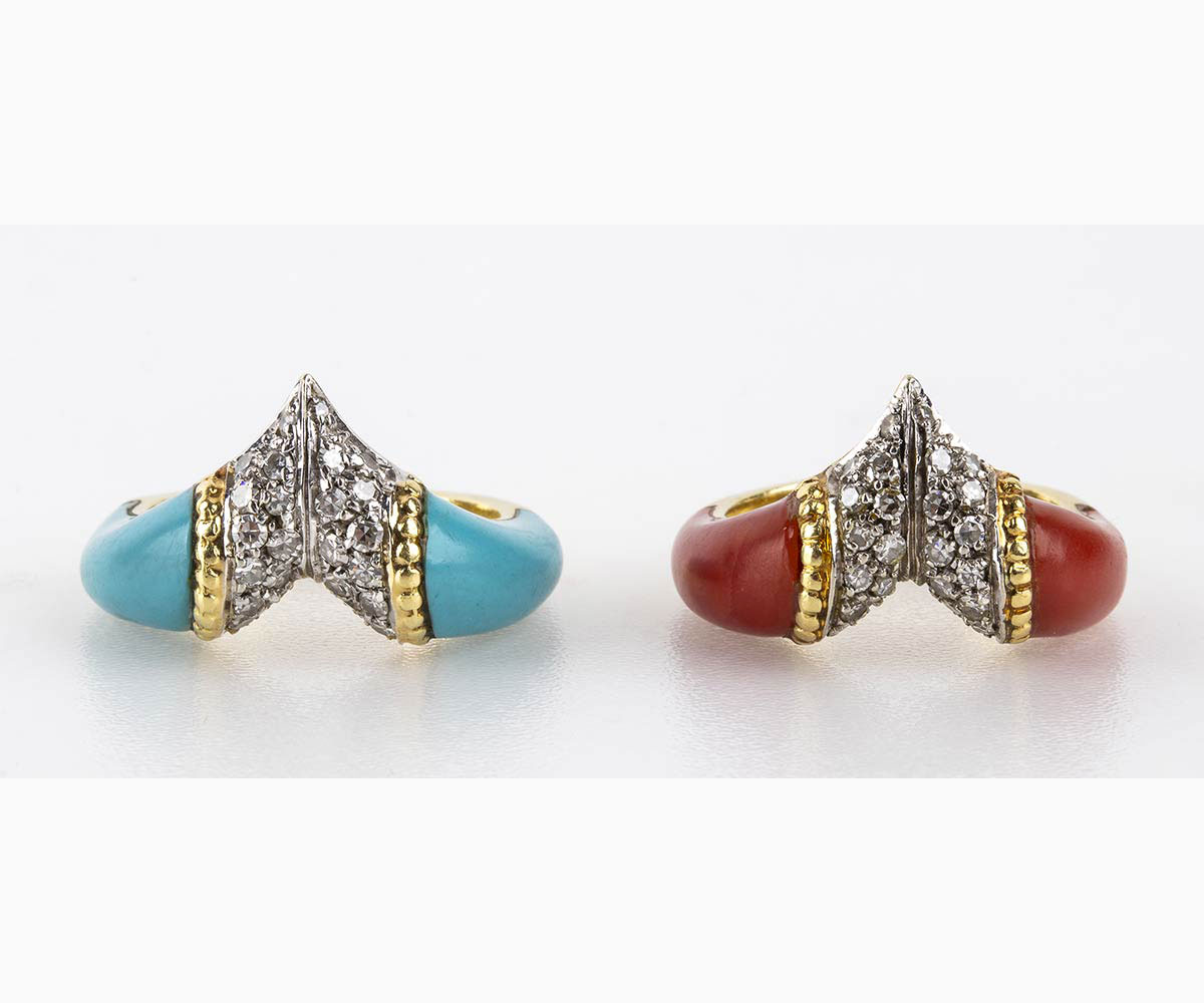 Pair of diamond, Mediterranean coral and turquoise rings - Image 4 of 4