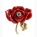 Diamond, emerald and Aka coral brooch - Manifacture Guarracino, Torre del Greco