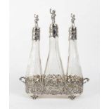 Italian 800/1000 silver and cut glass three bottle decanter - early 20th Century, mark of Basios