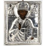 Russian icon with silver oklad of Saint Nicholas - 19th Century
