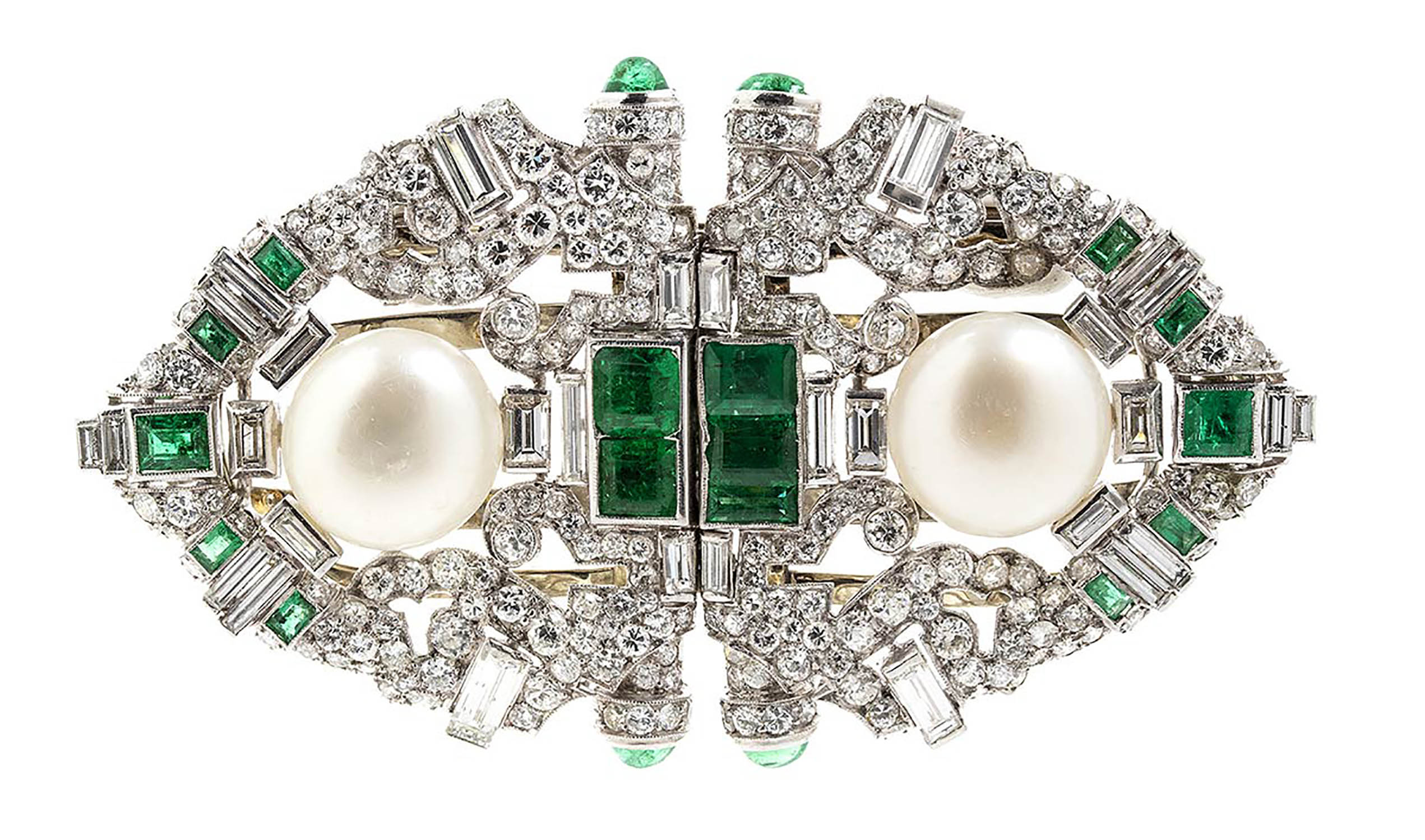 Emerald and diamond "duette" brooch