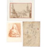 Group of three drawings. A. View of Siena B. Portrait of jurist C. Portrait of young female sheperd