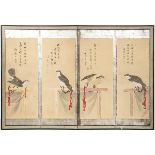 A FOUR-PANELS SCREEN WITH HAWKSJapan, 19th century