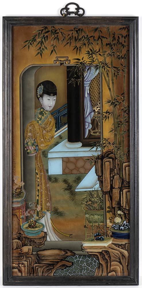 THREE REVERSE GLASS PAINTINGS WITH LADIES IN AN INTERIORChina, 20th century - Image 2 of 5