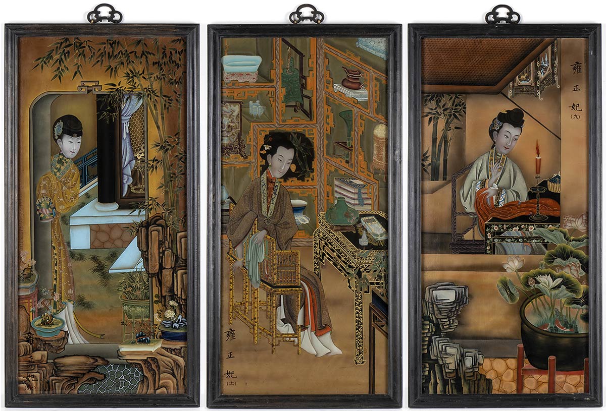 THREE REVERSE GLASS PAINTINGS WITH LADIES IN AN INTERIORChina, 20th century