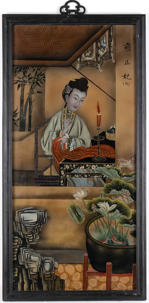 THREE REVERSE GLASS PAINTINGS WITH LADIES IN AN INTERIORChina, 20th century - Image 4 of 5