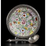 A POLYCHROME PORCELAIN DISH WITH SILVER MOUNT AND SPOONthe dish China, Guangxu mark; the mount a