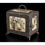 A MOTHER-OF-PEARL INLAD LACQUERED WOOD, SILVER AND IVORY SMALL 'SHIBAYAMA' CHEST, KODANSUJapan,