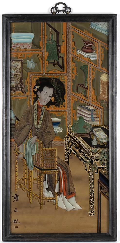 THREE REVERSE GLASS PAINTINGS WITH LADIES IN AN INTERIORChina, 20th century - Image 3 of 5