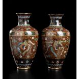 A PAIR OF CLOISONNÉ ENAMELED METAL BALUSTER VASESJapan, first half of the 20th century