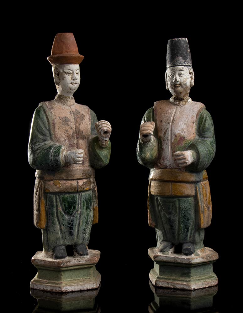 TWO PAINTED CERAMIC FIGURES OF DIGNITARIES China, Ming dynasty style