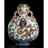 A LARGE POLYCHOME PORCELAIN 'DRAGON' MOON FLASK China, 20th century