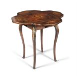 A MARQUETRY ENVELOPE OCCASIONAL TABLE, c.1900, the squared kingwood top with floral inlay with