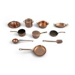 A SALEMAN'S COLLECTION OF VICTORIAN MINIATURE COPPER KITCHENWARE, comprising a two-handled