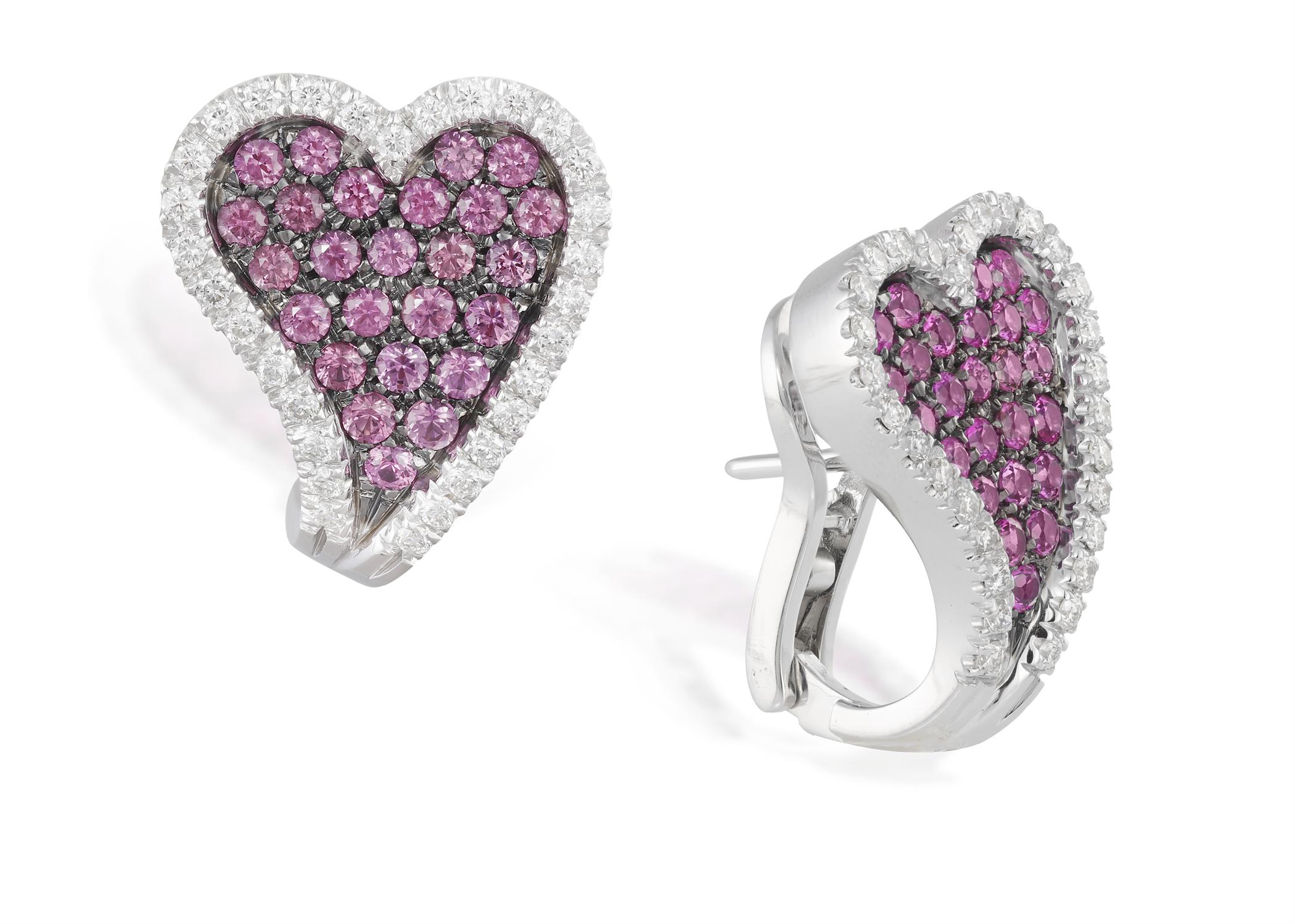 A PAIR OF PINK SAPPHIRE AND DIAMOND 'HEART' EARRINGS, composed of pavé-set circular pink sapphires - Image 2 of 2