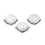 A SET OF THREE, ART DECO STYLE, FROSTED GLASS WALL SCONCES, on steel mounts (3). Each 30cm wide