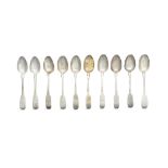 A COLLECTION OF TEN GEORGE III IRISH SILVER FIDDLE PATTERN TEASPOONS, of various dates and maker's
