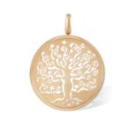 A GOLD PENDANT, the circular pendant with openwork detail representing a tree of life, with hinged