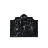 A VICTORIAN CAST IRON BACK PLATE, of arched rectangular form, decorated in relief with a depiction
