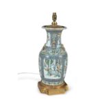 A CHINESE FAMILLE VERTE VASE, 19th Century, converted to a table lamp, with out-turned rim and