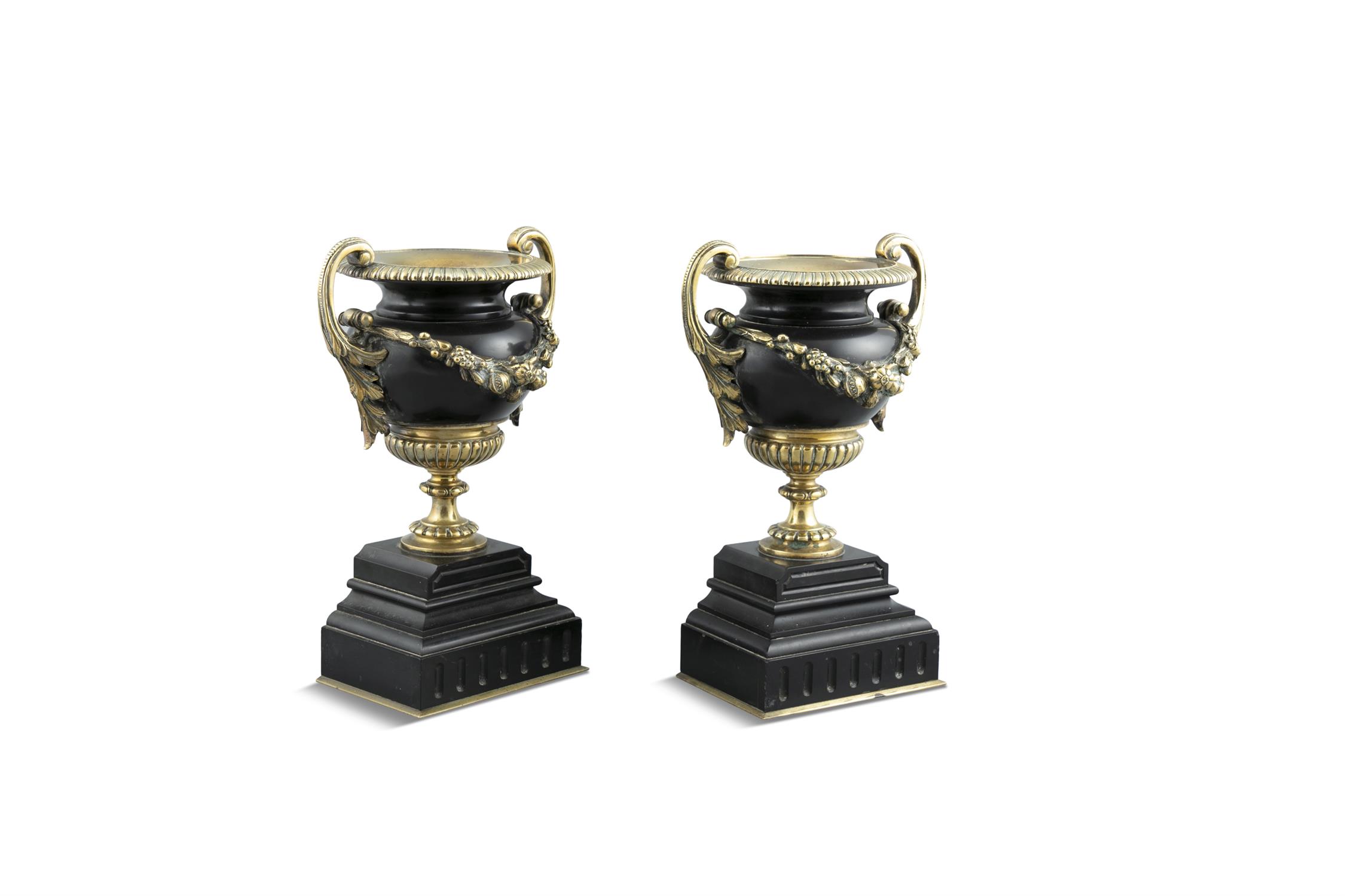 A PAIR OF FRENCH MARBLE AND GILT BRASS URNS, 19th century, of classical design, with acanthus scroll - Image 2 of 2