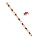 A GARNET AND GOLD BRACELET WITH A GARNET THREE-STONE RING, the bracelet composed of fancy textured