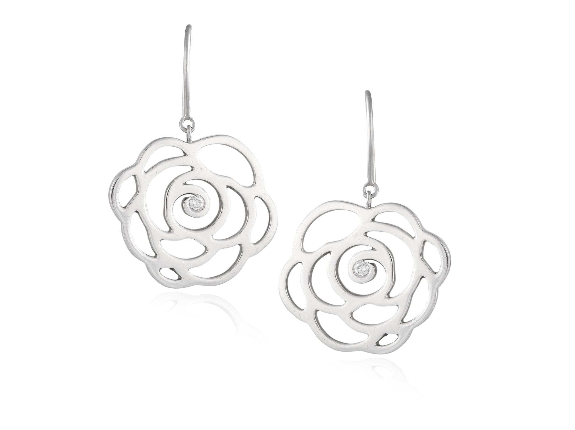 A PAIR OF DIAMOND EARRINGS, each designed as an openwork camellia flowerhead, the centre accented