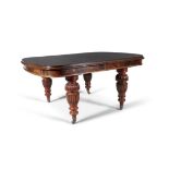 A VICTORIAN MAHOGANY RECTANGULAR EXTENDING DINING TABLE, with moulded rim raised on bulbous
