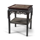 A CHINESE BLACKWOOD AND MARBLE TOP SQUARE TABLE, 19th century, with solid panel undertier, on