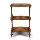 A MID 19TH CENTURY WALNUT THREE-TIER DUMBWAITER, surmounted with pierced three-quarter gallery, each