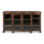 A 19TH CENTURY BREAKFRONT MAHOGANY CABINET, with twin central cupboard glazed door, flanked by two