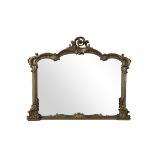 A 19TH CENTURY CARVED GILTWOOD RECTANGULAR OVERMANTLE MIRROR, fitted with plain glass plate