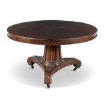 A VICTORIAN MAHOGANY CIRCULAR BREAKFAST TABLE, the top with segmented fan shaped veneers on a fluted