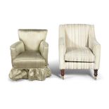A SQUARE BACK UPHOLSTERED ARMCHAIR, upholstered in cream striped fabric, raised on turned feet and