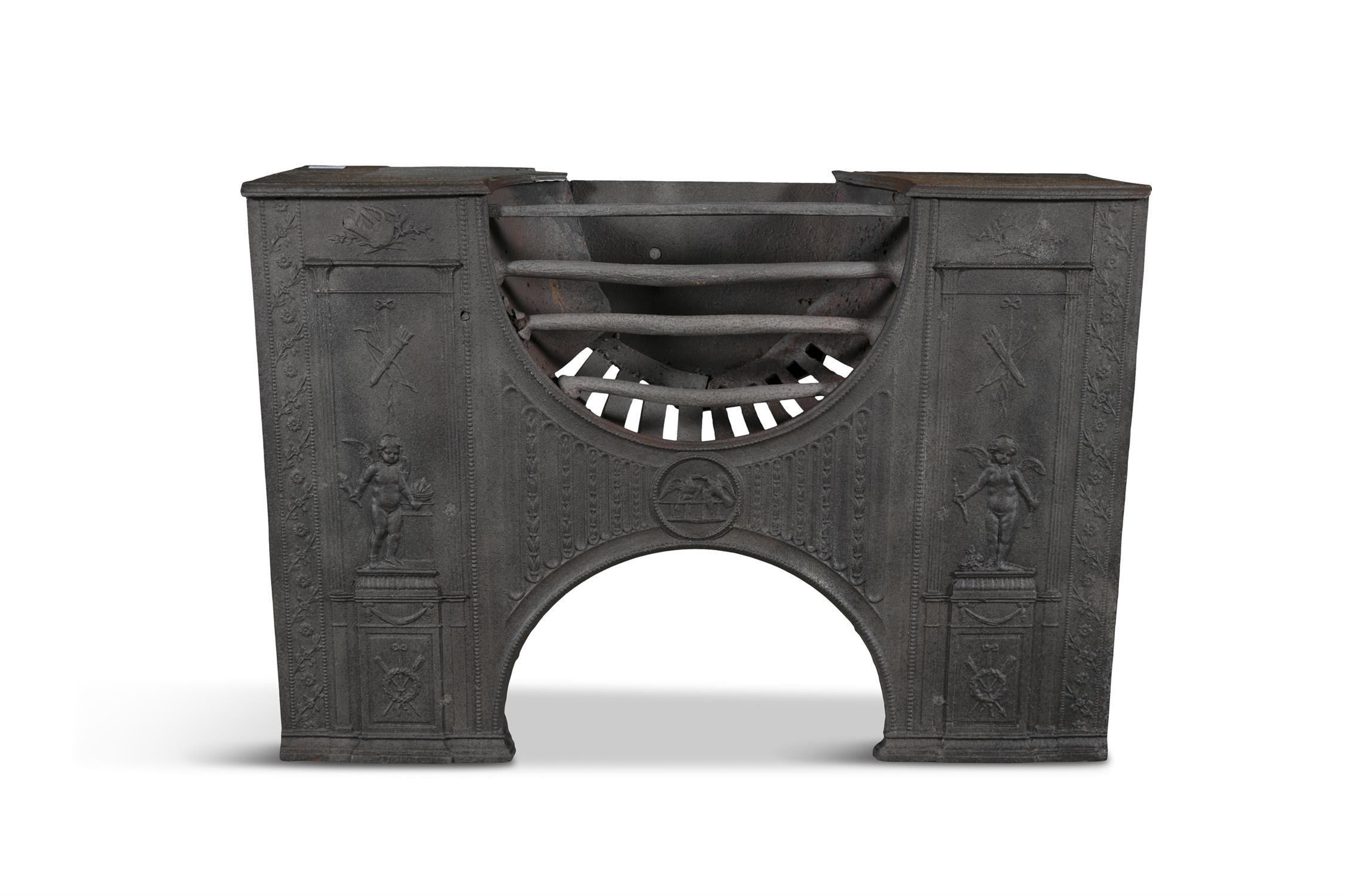 A PAIR OF VICTORIAN CAST IRON FIRE GRATES, of rectangular shape centred with a crested roundel