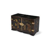 A CHINESE LACQUERED TWO-DOOR CABINET, c,1900, decorated in gilt with figures, butterflies and