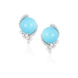 A PAIR OF TURQUOISE AND DIAMOND EARRINGS, each round-shaped cabochon turquoise between brilliant-cut