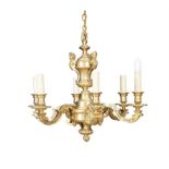 A CONTINENTAL GILT BRONZE SIX-BRANCH CEILING LIGHT, the suspension loop below a baluster column with