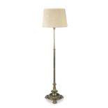 A BRASS TELESCOPIC EXTENDING STANDARD LAMP, the plain fluted column, on spreading circular foot