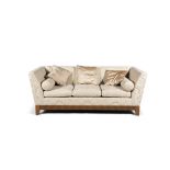 A THREE-SEATER SOFA BY LINLEY, of rectangular form, upholstered in gold/cream damask, with three