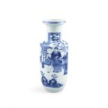 A CHINESE BLUE AND WHITE 'ROULEAU' VASE, 19th century, painted with figures on a garden terrace, the