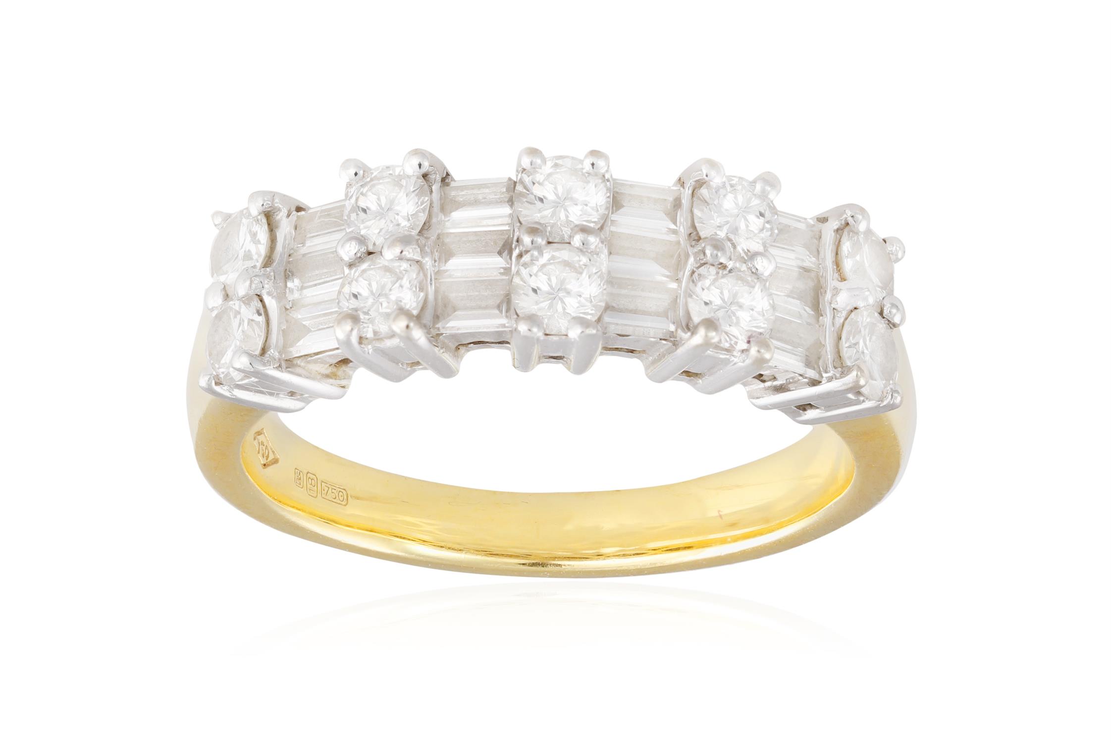 A DIAMOND RING, the frontispiece set with a series of baguette-cut diamonds between duos of