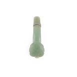 A CHINESE JADEITE JADE BELT HOOK, of polished green tint with a bombé carved terminal, length 11.6cm