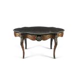 A FRENCH EBONISED AND BOULLEWORK CENTRE TABLE, 19th century, of shaped oval form, with glass covered