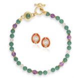 A SEMI-PRECIOUS BEAD NECKLACE WITH A PAIR OF EARCLIPS BY KAI-YIN LO, the necklace composed of