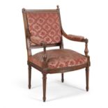 A PAIR OF FRENCH WALNUT AND UPHOLSTERED ARMCHAIRS, late 19th century, each with rectangular padded