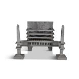 A MODERNIST CAST IRON FIRE GRATE, rectangular back plate supporting three squared retaining bars and