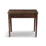 A GEORGE IV STYLE MAHOGANY RECTANGULAR FOLDING TOP CARD TABLE, the interior with baise lining,